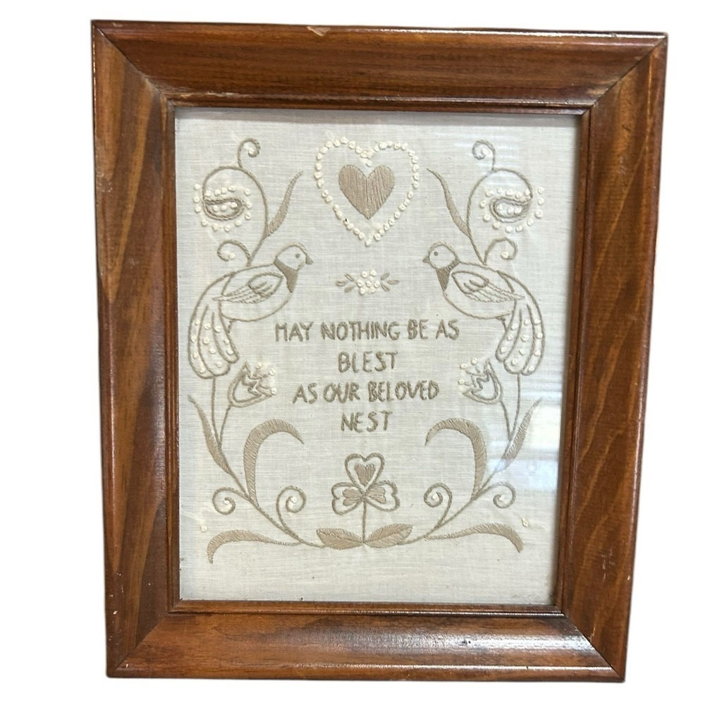 Vintage Bless Our Beloved Nest Framed Crewel Needlework 10x12